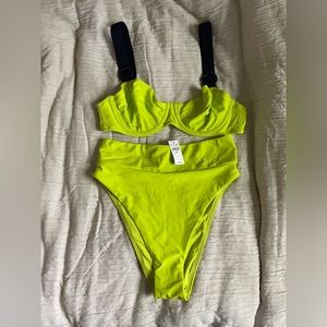 NWT Aerie High Waisted Swimsuit with Underwire Bikini Top, Neon Green